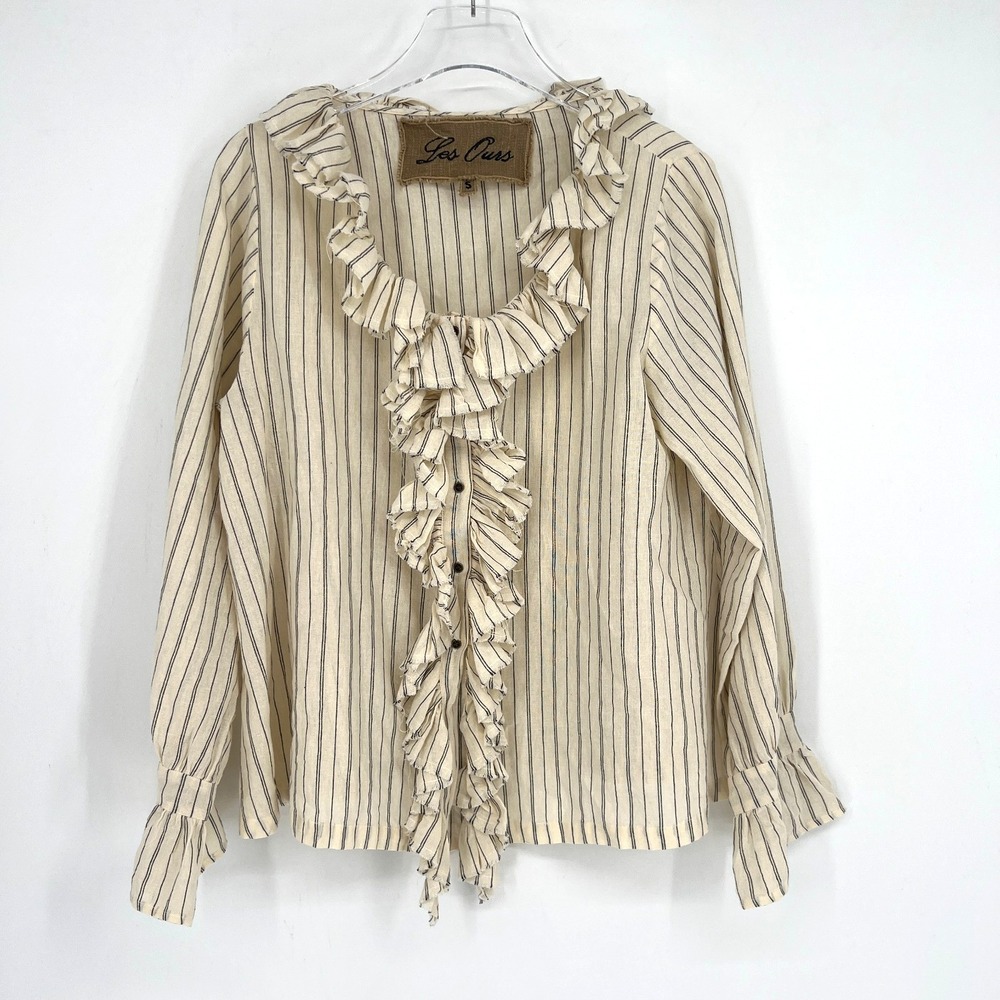 Les Ours Top‎ Womens S Boho Ruffle Striped Peasant Romantic Prairie Edwardian